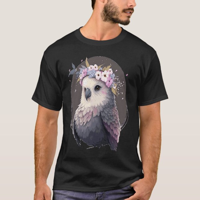 Cute Gray Budgie Parakeet Bird Flower Crown Pet Bi T-Shirt (Vorderseite)