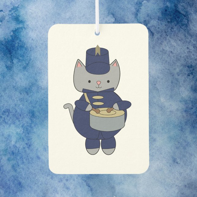 Cute Gray Cat Marching Band Drummer  Autolufterfrischer (An air freshener with a gray cat wearing a navy blue & gold marching band uniform playing the drums.)