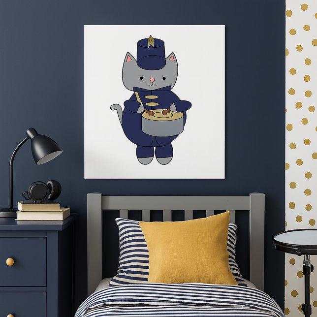 Cute Gray Cat Marching Band Drummer Illustration Poster (A poster of a gray cat playing the drums in a navy blue & gold marching band uniform.)