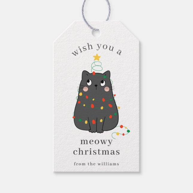 Cute Gray Cat Meowy Christmas Custom Holiday Geschenkanhänger (Vorderseite)