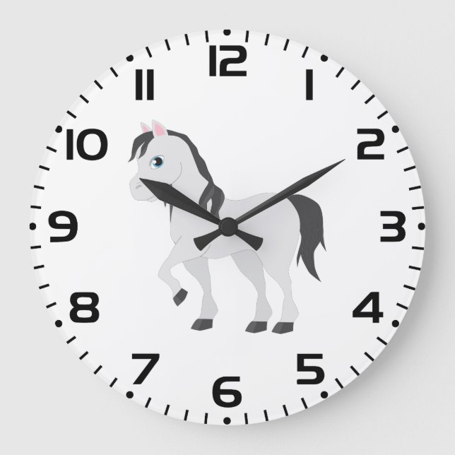 Cute Gray Pony Cartoon Whimsical Horse Große Wanduhr (Vorderseite)
