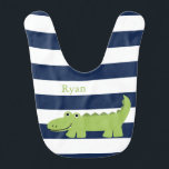 Cute Green Alligator Babylätzchen<br><div class="desc">Adorable grüne Alligator auf einem blauen Streifen Muster Hintergrund.</div>