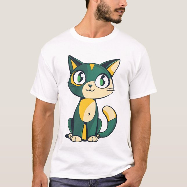 Cute Green and Yellow Cartoon Cat Illustration T-Shirt (Vorderseite)