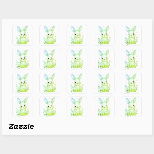 Cute Green Bunny Party Theme Pastel Floral Quadratischer Aufkleber (Blatt)