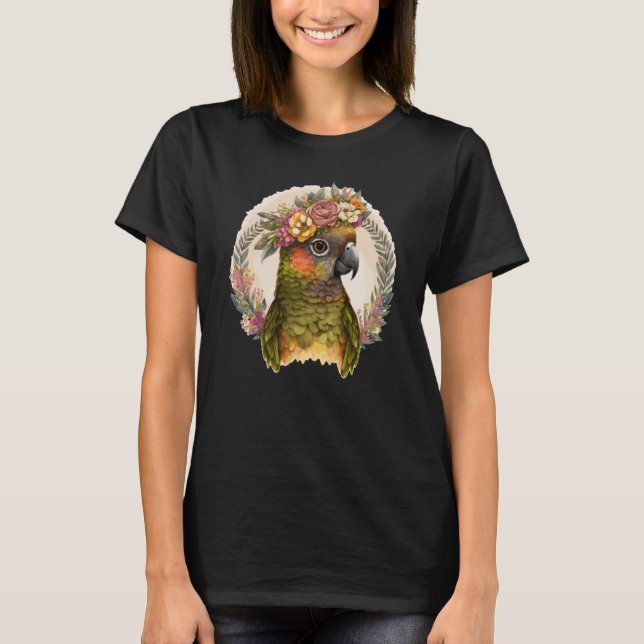 Cute Green Cheek Conure Parrot Bird Flower Crown P T-Shirt (Vorderseite)