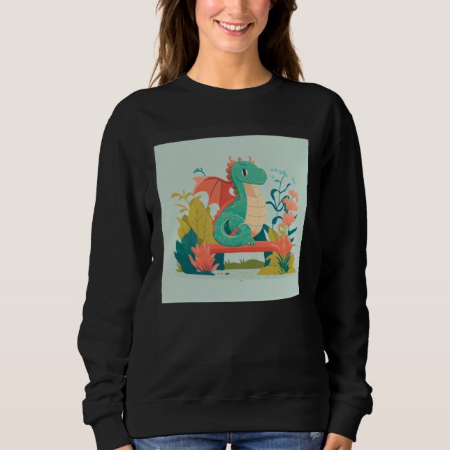 Cute Green Dragon sitting on bench in a garden for Sweatshirt (Vorderseite)