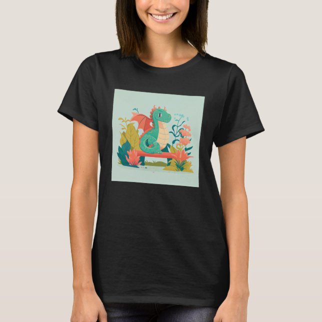 Cute Green Dragon sitting on bench in a garden for T-Shirt (Vorderseite)
