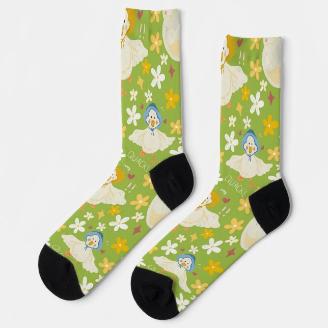 Cute Green Duck & Daisy Flower Seamless Pattern Socken (Linkes Detail)