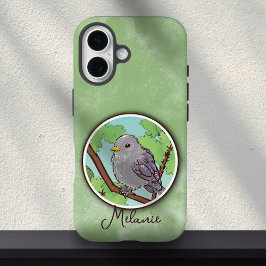 Cute Green Gray Bird Painting Custom Name  iPhone 16 Hülle