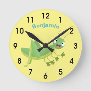 Cute green happy grasshopper cartoon runde wanduhr