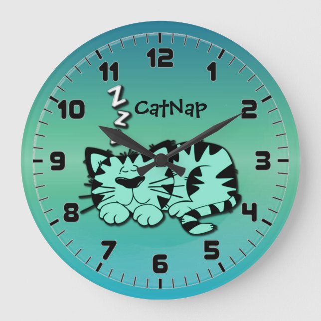 Cute Green Kitty Cat Nap Wallclock Große Wanduhr (Vorderseite)