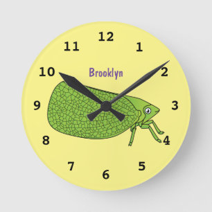Cute green leaf hopper insect cartoon illustration runde wanduhr