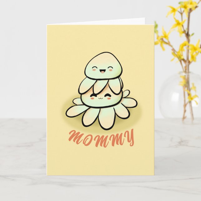 cute green octopus mother Card Karte (Gelbe Blume)