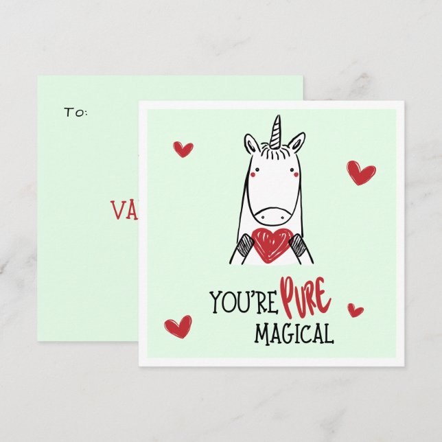 Cute Green Red Hearts Unicorn Kids Valentines Day Mitteilungskarte (Vorne/Hinten)
