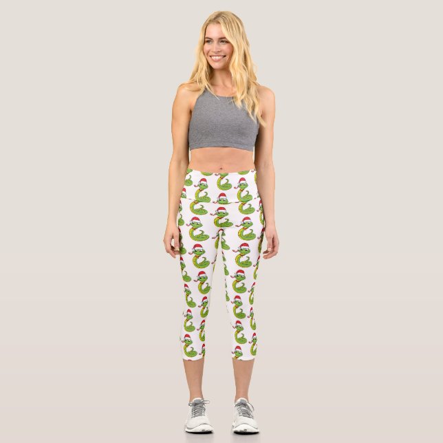Cute green snake with santa hat cartoon capri leggings (Vorderseite)