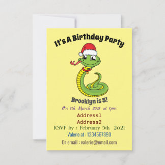 Cute green snake with santa hat cartoon einladung