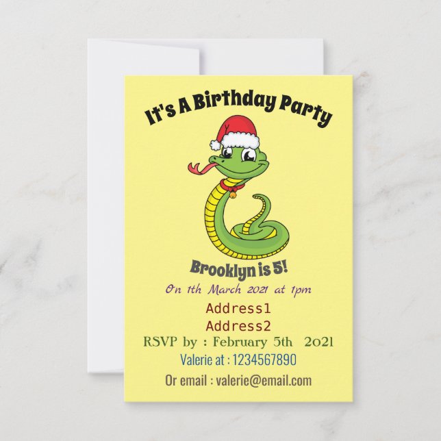 Cute green snake with santa hat cartoon einladung (Vorderseite)