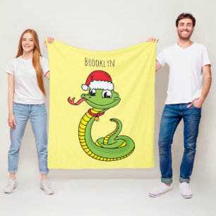 Cute green snake with santa hat cartoon fleecedecke