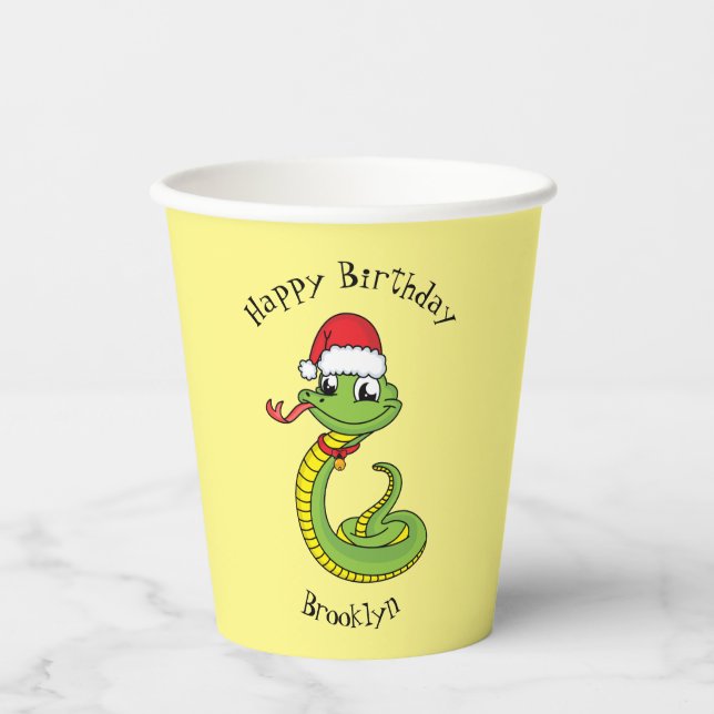 Cute green snake with santa hat cartoon pappbecher (Vorderseite)