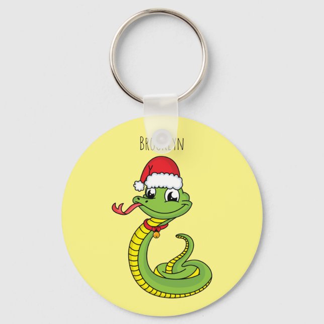 Cute green snake with santa hat cartoon schlüsselanhänger (Vorderseite)