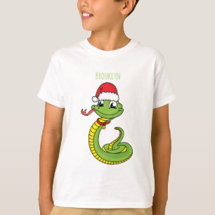 Cute green snake with santa hat cartoon T-Shirt