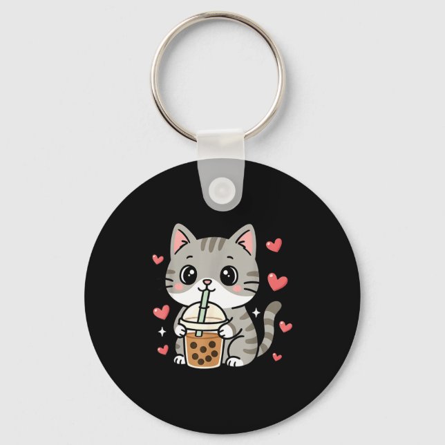 Cute Grey Cat Boba Tea Bubble Tea Anime Kawaii Nek Schlüsselanhänger (Vorderseite)