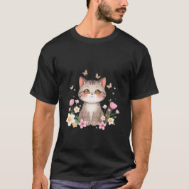 Cute Grey Cat in Flower Garden Butterflies Art ✨🐾 T-Shirt