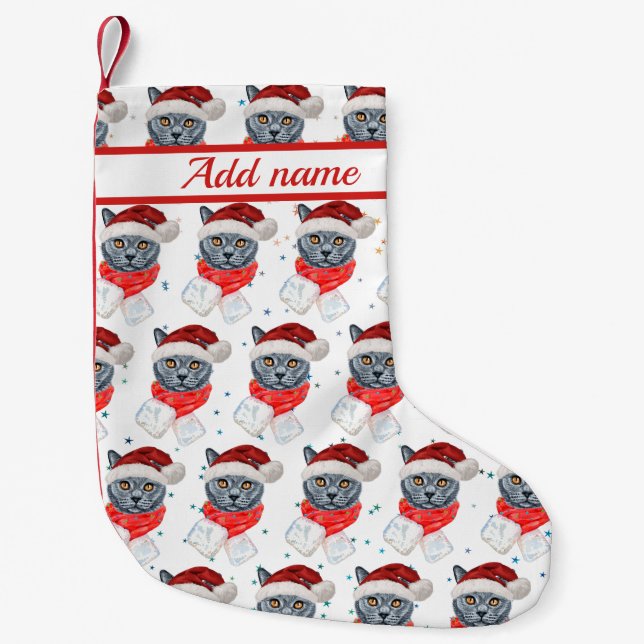 Cute Grey Cat Watercolor with Scarf Kleiner Weihnachtsstrumpf (Vorderseite)