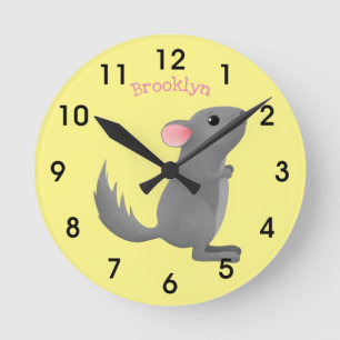 Cute grey chinchilla cartoon illustration  runde wanduhr