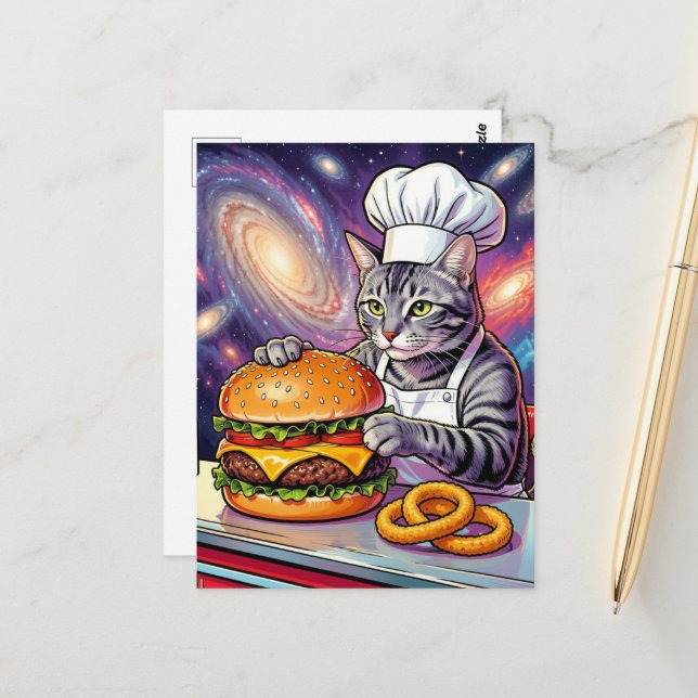 Cute Grey Tabby Cat Chef Making Cheeseburger Postkarte (Vorderseite/Rückseite Beispiel)
