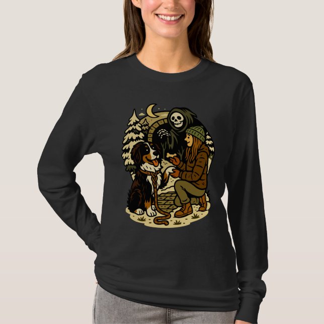 Cute Grim Reaper Girl and Dog Spooky Forest Night T-Shirt (Vorderseite)