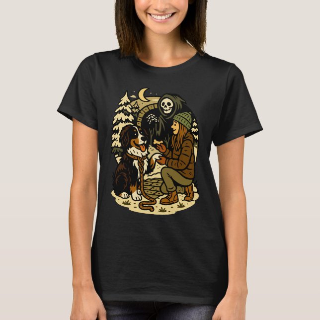 Cute Grim Reaper Girl and Dog Spooky Forest Night T-Shirt (Vorderseite)