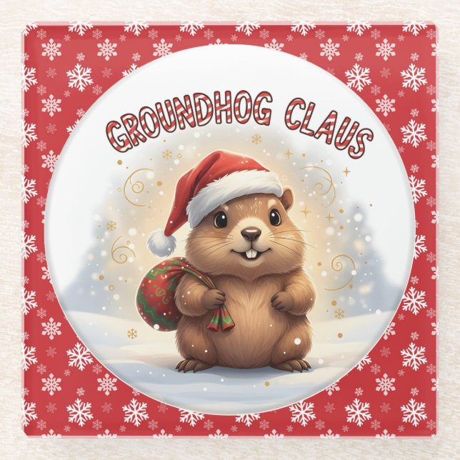 Cute Groundhog Claus Funny Groundhog Christmas Glasuntersetzer (Vorderseite)