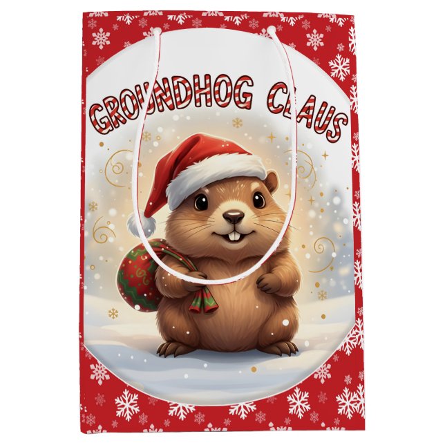 Cute Groundhog Claus Funny Groundhog Christmas Mittlere Geschenktüte (Vorderseite)
