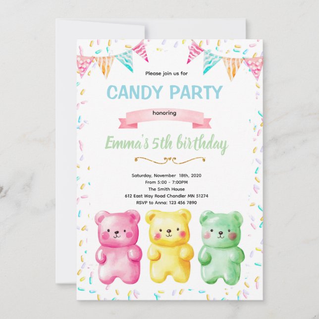 Cute gummy bear party theme invitation einladung (Vorderseite)