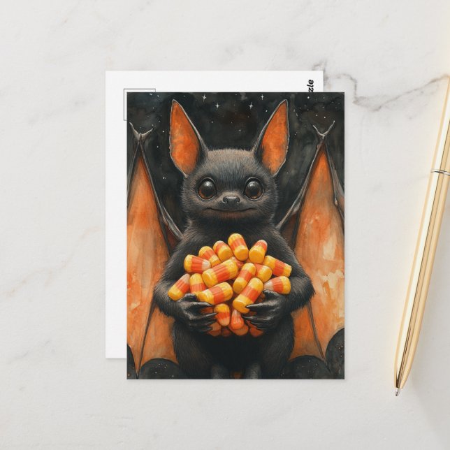 Cute Halloween Bat Cat With Candy Postkarte (Vorderseite/Rückseite Beispiel)