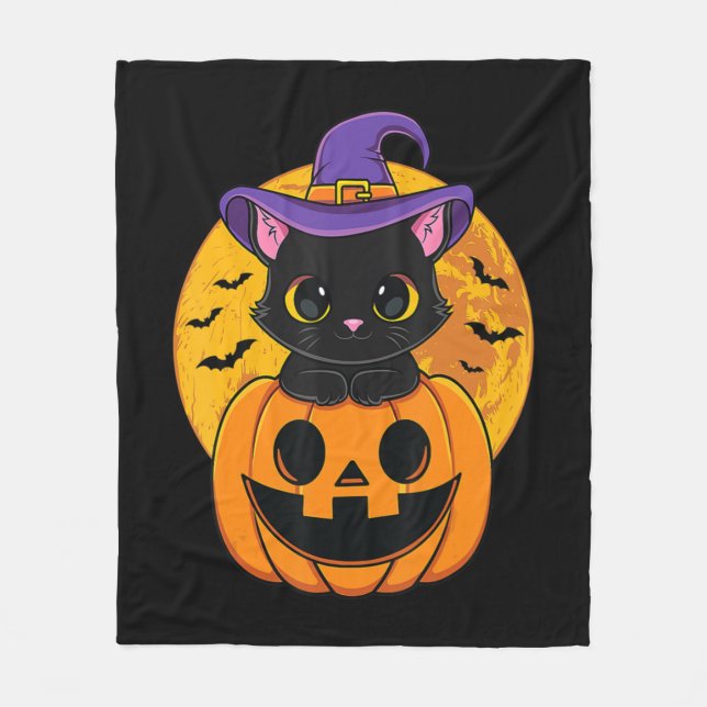 Cute Halloween Black Cat Witch Hat Pumpkin For Kid Fleecedecke (Vorderseite)