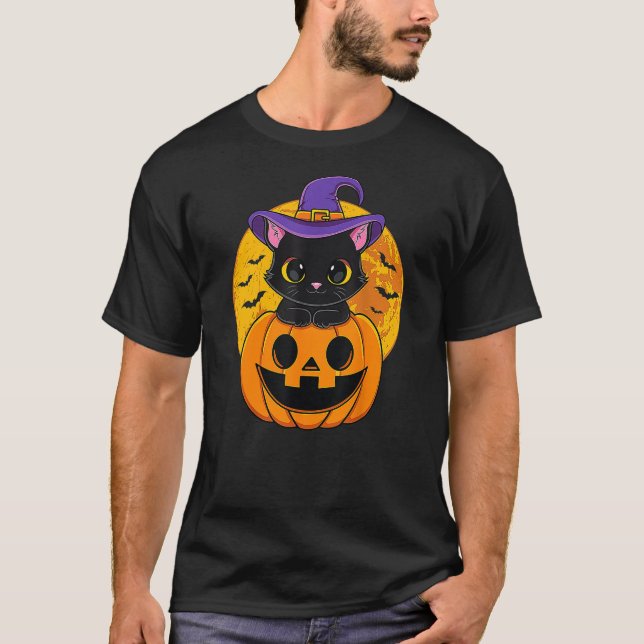 Cute Halloween Black Cat Witch Hat Pumpkin T-Shirt (Vorderseite)