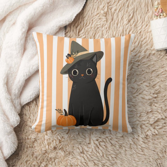 Cute Halloween Black Cat with Witch Hat Pumpkin Kissen (Decke)