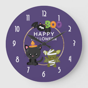 Cute Halloween Cat, Bat & Mummy Boo Große Wanduhr