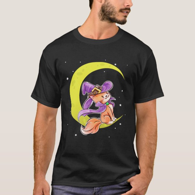 Cute Halloween Cat Costume Witch Hat and Moon T-Shirt (Vorderseite)