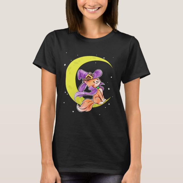 Cute Halloween Cat Costume Witch Hat and Moon T-Shirt (Vorderseite)