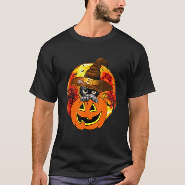 Cute Halloween Cat Witch Hat Pumpkin Scary Pet Moo T-Shirt (Vorderseite)