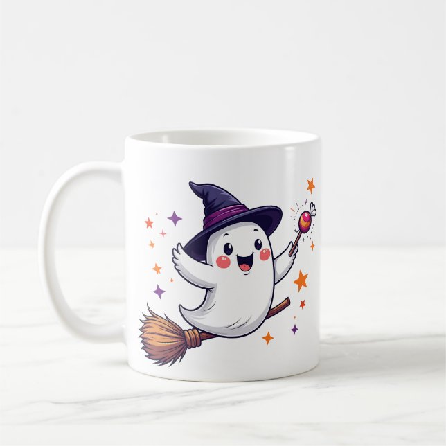 Cute halloween ghost on broomstick mug kaffeetasse (Links)