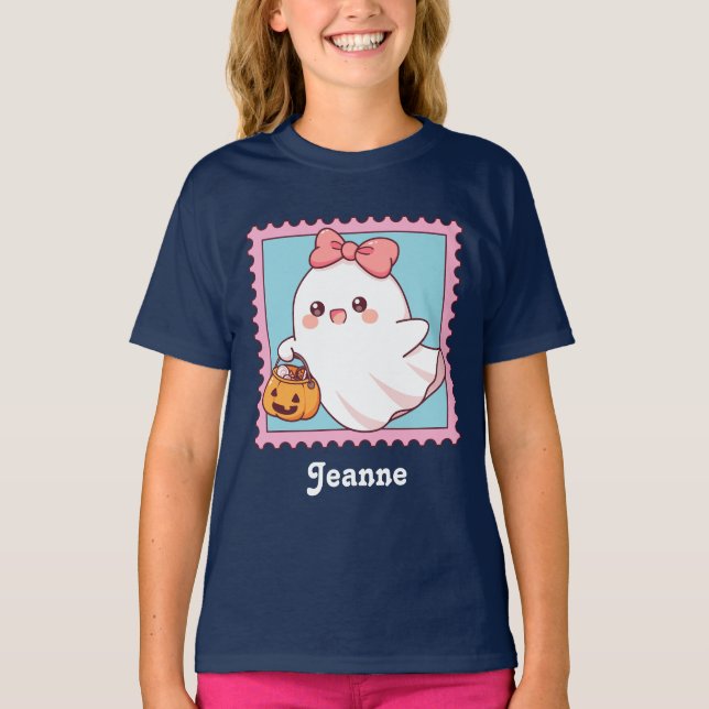 Cute Halloween Ghost Pink Coquette Bow Kids T-Shirt (Vorderseite)