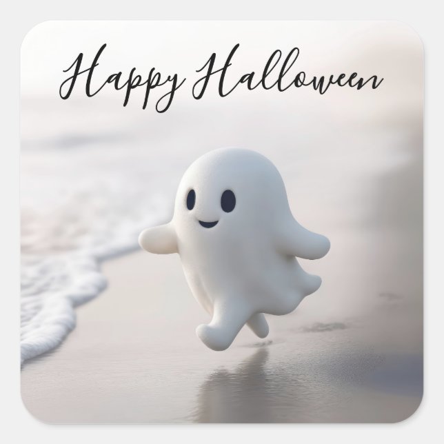 Cute Halloween Ghost Running On a Beach Quadratischer Aufkleber (Vorderseite)