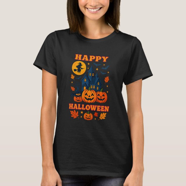 Cute Halloween Haunted House, Pumpkin & Witch Tee (Vorderseite)