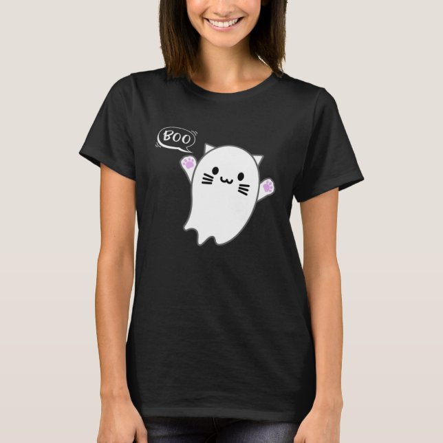 Cute Halloween Kitten Cat Flying Ghost Boo Costume T-Shirt (Vorderseite)