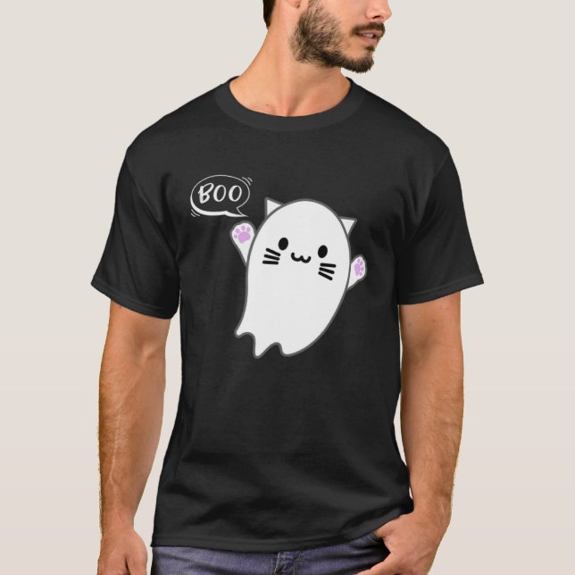 Cute Halloween Kitten Cat Flying Ghost Boo Costume T-Shirt (Vorderseite)