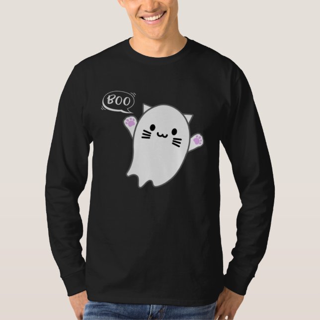 Cute Halloween Kitten Cat Flying Ghost Boo Costume T-Shirt (Vorderseite)